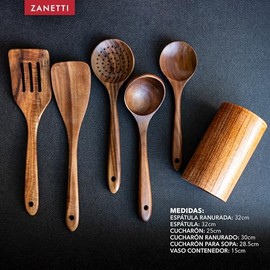 Zanetti - Juego de 5 Utensilios de Cocina de Madera de Teca con Vaso de Almacenamiento - Color Café