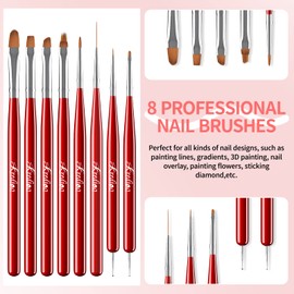Kredioo 8 Pieces Nail Brush for UV Varnish Gel Set Nail Brush Set for Gel Wings Ideal for Fine Work, Lines and Patterns Drawing, Gel Application Professional Gel Brush for Nail Art Design