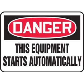 Accuform MEQM083VS Adhesive Vinyl Safety Sign, Legend "Danger This Equipment Starts Automatically", 7" Length x 10" Width x 0.004" Thickness, Red/Black on White