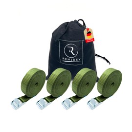 REMIDEY Tie Down Straps with Clamping Lock - Lashing Strap Long Set - Green - 5 m - 4 Pieces - DIN EN12195-2 - Load Capacity up to 250 kg - Mounting Strap for Motorcycle Camping Bicycle Carrier