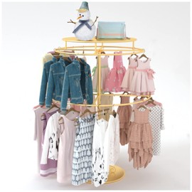 Rotatable Round Clothes Rack 2-tier Kids Clothing Rack for Boutiques, Floor-Standing Circular Children Garment Rack Stand, Retail Display Costume Coat or Underwear Rack