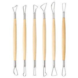 HARFINGTON 6pcs Clay Sculpting Tools Wooden Handle Stainless Steel Double Head Crafts Modeling Kit Pottery Carving Trimming Set for Shaping Cutting Decoration Embossing