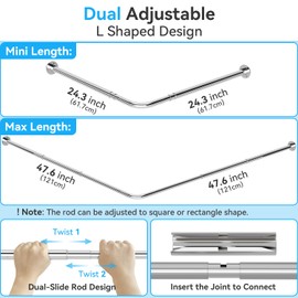 Yampos L Shaped Corner Shower Curtain Rod, 24.3"-48" x 24.3"-48" Adjustable 90 Degree Right Angled Shower Rod Square Curtain Rail for Bathroom Bathtub with 12 Hooks & Ceiling Support - Brushed Nickel