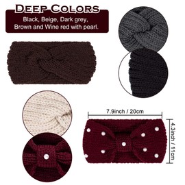 Whaline 5 Pieces Winter Knit Headbands Chunky Knit Headbands,4 Elastic Turban Head Wraps and 1 Pearl Crochet Hair Band, Ear Warmer Crochet Head Wraps for Women Girls (Bright & Dark Colors)