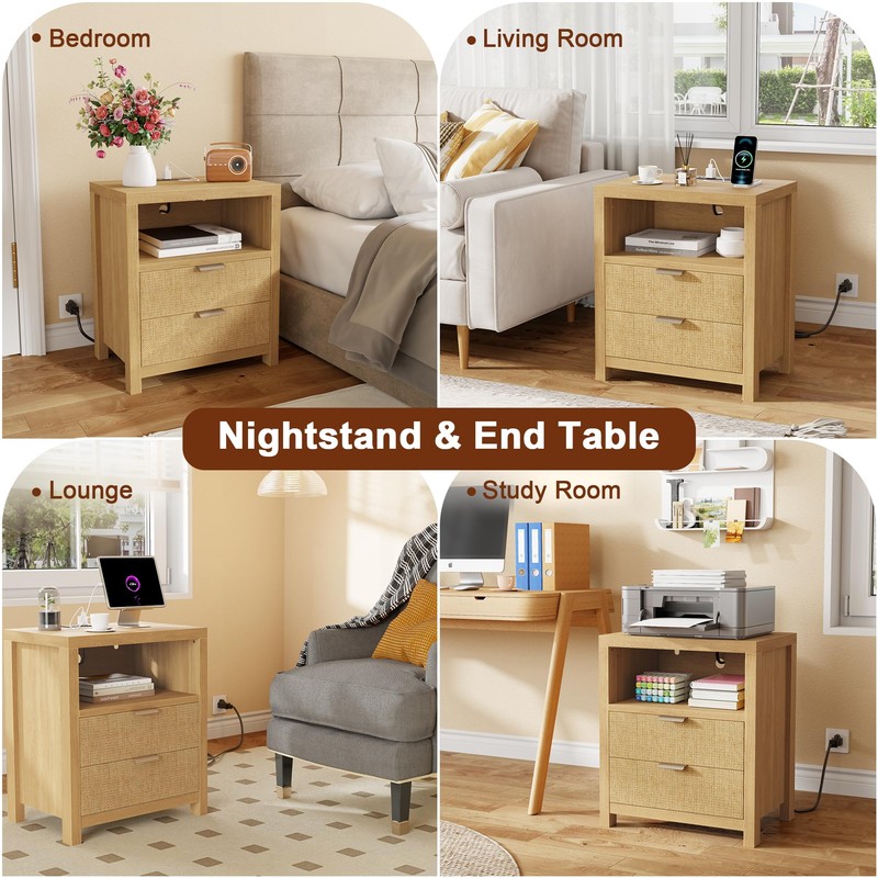 Furnulem Wood Night Stand with Charging Station, Nightstand with 2