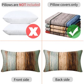 Striped Cushion Covers, Linen Look Cushion Cover, 30 x 50 cm, Set of 2, Outdoor Cushion Cover, Petrol Turquoise, Wooden Stripes, Decorative Couch Cushion Cover, Cushion Cover for Sofa, Patio, Garden