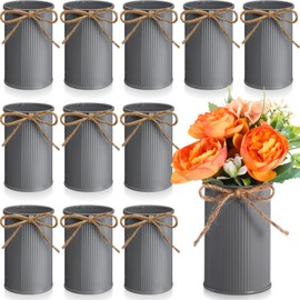 Domensi 4.33 Inch Petite Farmhouse Vase Decor Vintage Flower Vase with Twine Bow Rustic Galvanized Metal Buckets for Artificial Flowers for Table Centerpiece Weddings(Gray,12 Pcs)