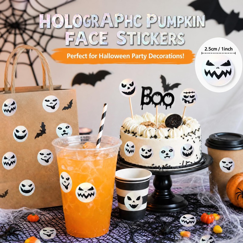 Halloween Ghost Face Stickers Roll 500PCS 1 Inch Round Holographic