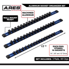 ARES 60041-3-Piece 17-Inch Blue Aluminum Socket Rail Set - 1/4-Inch, 3/8-Inch, and 1/2-Inch Drive Socket Organizers Hold 48 Sockets
