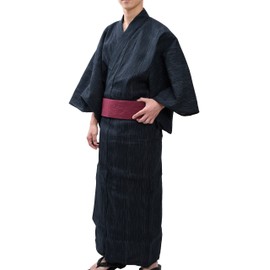 Edoten Men's Kimono Japan Shijira Weaving Yukata 703 Black Kasuri 753 Wine OBI M
