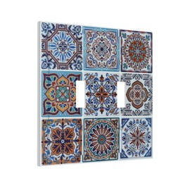 Tile Blue Talavera Mexican 2 Gang Double Toggle Light Switch Cover Decorative Wall Plate Electrical Switchplates Faceplate Mexican Talavera Tiles Country Farmhouse Bathroom Home Living Room Decor