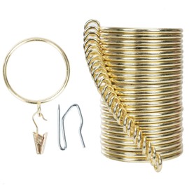 Curtain Rings and Hooks Clip,50mm Inside Diameter,Complete Set with Curtain Pole Rings, Hooks and Clips Pack of 24 Curtain Rings for Two Standard Curtains Gold TXZWJZ