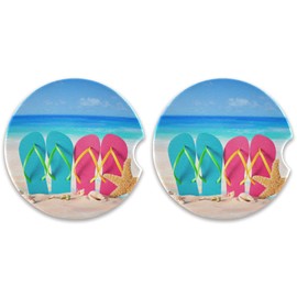 Beach Flip Flops Car Coasters for Cup Holder Drinks 2 Pcs Absorbent Ceramic Coasters with Cork Base for Universal Car Cupholders