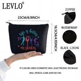 LEVLO Bolsa de cosméticos para patinaje sobre hielo, regalo para amantes del patinaje, la vida es mejor en los patines, bolsa de maquillaje con cierre, regalo para mujeres y niñas, Patines Negro, Bolsa de cosméticos