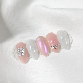 [Handmade Nail Tips] Veil Pink Mew Nail Tips - Almond Egg / [수제네일팁] 베일핑크뮤 네일팁 - 아몬드에그