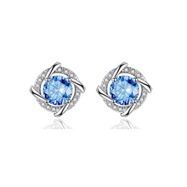 CERSLIMO Silver Earrings for Women - 14k White Gold Stud Earrings, Round Cubic Zirconia Earrings for Girls Ladies with Dainty Blue Crystal | Jewellery Set Wedding Gifts Birthday Christmas