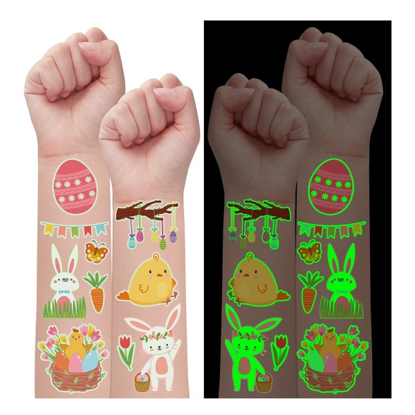 Partywind Glow Easter Temporary Tattoos for Kids, 100 Styles Luminous Easter Fake Tattoo Stickers with Easter Eggs/Rabbits/Chicks, Easter Party Supplies Goodie Bags Stuffers Gifts for Basket