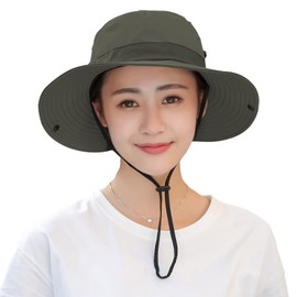 Muryobao Women's Sun Hat Outdoor UV Protection Foldable Mesh Bucket Hat Wide Brim Summer Beach Fishing Cap Pure Army Green