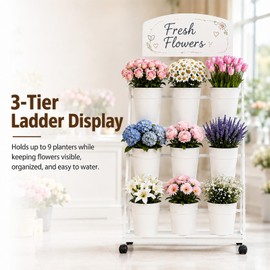 3-Tier Metal Flower Cart Display Stand with 9 Buckets, Flower Bar Stand