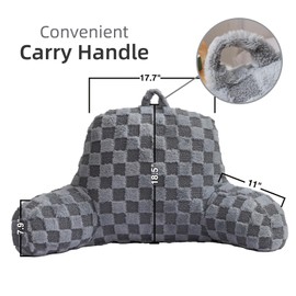 A Nice Night Faux Fur Reading Pillow,Checkered Fluffy Grid Plaid,Bed Wedge Pillow Large Adult Children Backrest with Arms for Bedrest,Grey