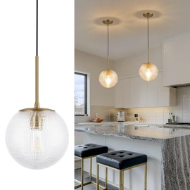 FEAZAC Glass Globe Pendant Light Fixtures, Mid Century Modern Ceiling Hanging Lights with Height Adjustable, Brass Gold Pendant Lighting for Kitchen Island, Hallway, Dining Room, Living Room (1 Pack)