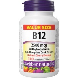 Webber Naturals Vitamin B12 2500 mcg, Quick Dissolve, 110 Tablets, Natural Cherry Flavour, Supports Energy Production and Metabolism, Vegetarian