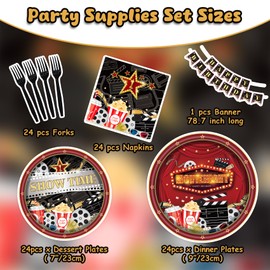 Movie Night Party Supplies Kit for 24 Guests - 97 Pcs Including Plates, Forks, Napkins, Bunting - Perfect for Movie Buffs' Birthday Celebrations