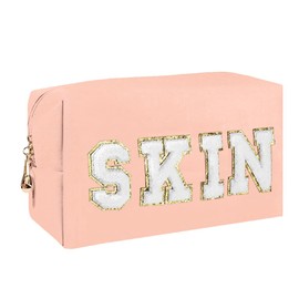Preppy Patch Makeup Bag,Travel Cosmetic Bags PU Leather Portable Waterproof Toiletry Storage Case with Chenille Letter Zipper Daily Use Pouch for Women,Pink Skin