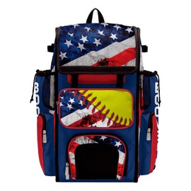Boombah Superpack Bat Bag - Backpack Version (no wheels) - Holds 4 Bats - USA Softball Royal Blue/Red/Optic Yellow