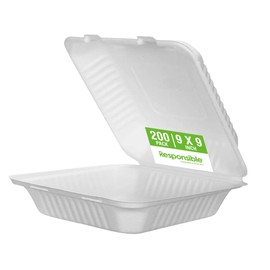 Responsible Products 9 inch Hinged Containers, Tree-Less™ Compostable Molded Fiber Takeout Containers, Extra Strength, Tree-Free and Made Without PFAS, White (200 Count)