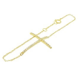 925 Sterling Silver Gold-Tone Sideways Cross White CZ Necklace Bracelet Set