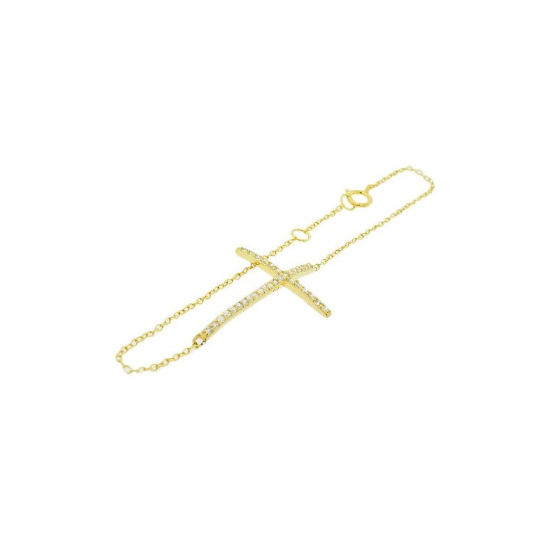 925 Sterling Silver Gold-Tone Sideways Cross White CZ Necklace Bracelet