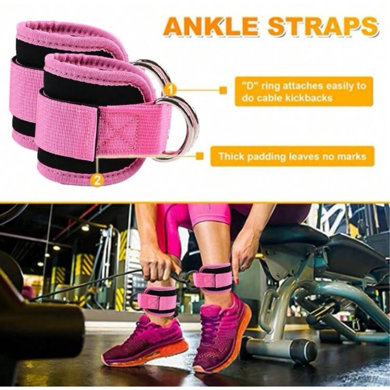 Ankle Strap Attachment for Cable Machine, Pink, Double D-Ring Design