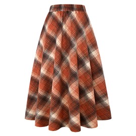 Wool Skirt for Women 2024 Fall Winter High Waisted A Line Pleated Tweed Corduroy Suede Sweater Flannel Tartan Long Plaid Skirt (Orange, M)