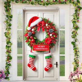 BlissYard Christmas Stocking Door Cover 71x35 Inch Holiday Banner for Front Door Outdoor Indoor Decorations Large Wreath Backdrop with Santa Hat Red Striped Socks Poinsettia Pinecones Merry Sign Decor