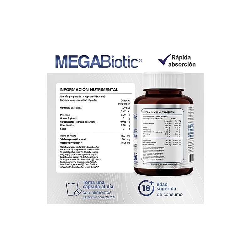 MegaBiotic Probióticos 120 Billones y 17 Cepas60 cápsulas536mg pporción