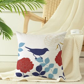 CaliTime Throw Pillow Covers 18 X 18 Inches Canvas Floral Cartoon Shadow Bird Silhouette Cushion Cases for Couch Sofa Home Decoration Navy Blue Bird Red Flower