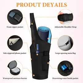 Aucuu Yoga Mat Bag, Yoga Bag, Large Waterproof Yoga Mat Bag with Bottle Pocket and Wet Compartment, Portable Yoga Mat Carry Bag with Large Size Pocket, with Adjustable Strap for Women & Men, Black