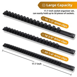 ALOANES 3-piece Aluminum Socket Rail Organizer Set, Heavy Duty Socket Rails Rack, Socket Holder Kit for Tool Box Drawer, 1/2, 3/8, 1/4-Inch Socket Holder x 58 Clips (Black)