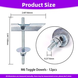 Swpeet 12Pcs Heavy Duty M6×100mm Plasterboard Fixings Toggle Bolts Drywall Anchors, Tiltable Plasterboard Wall Plug Kit, Tilt Pins with Washer and Nut Folding for Hanging Heavy Items on Drywall