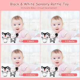 JoyLife Baby Sensory Toys,Black and White Soft Rattles Plush Animal Toys,High Contrast Baby Toys,Newborn Sensory Non-Toxic Plush Baby Rattle Hand Grip Toys for 0 3 6 9 12 Month Infant Boys Girls