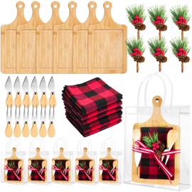 6 Set Christmas Cutting Board Gift Bulk Wooden Cheese Charcuterie Board Set with Knives Forks Red Berry Towels Gift Bags Kitchen Housewarming Gifts for Neighbor Guest Xmas Holiday Party Decor