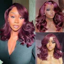 13x6 Bob Wig Human Hair 200 Density 99j Burgundy Lace Front Wigs Human Hair Glueless 13x6 Body Wave HD Lace Front Wigs Human Hair Pre Plucked Short Wine Red Bob Wigs for Black Women 16 Inch