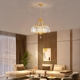 peskoe Gold Crystal Chandeliers for Dining Room, 6-Light Modern Round Chandeliers for Living Room Kitchen Hallway Bedroom Foyer Hall, 22 Inch Adjustable Height Large Hanging Light Fixture