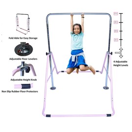 Gymnastics Bar for Kids Horizontal Kip Bar Jungle Gym with 8'x'4 EVA Puzzle Mat, Junior Training Monkey Bars Home Gym Adjustable Height Expandable Junior Training Bar Indoor Foldable (Pink)