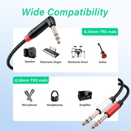 SinLoon 1/4 Inch TRS Stereo Y Splitter Cable 90 Degree 6.35mm TRS Male to 2 Male Cable for Audio Equipment Gold Plated Connectors Durable PVC & Copper Construction 0.5M/1.6Ft