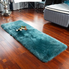 LLB Genuine Sheepskin Rug Plush Soft Throw Area Rug Fur Carpet Fluffy Shaggy Sheepskin Rug for Living Room Kids Bedroom Luxury Home Decor Lambskin Rug Rectangle (Peacock Blue, 24''x72'')