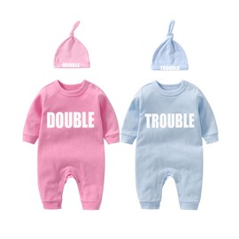 culbutomind Baby Twins Baby Bodysuits Double Trouble Cute Outfit with Hat Boy Girl Baby Pyjamas Twins Gift, pink