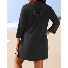 Daci Plus Size Women Terry Cloth Swimsuit Cover Up Black Beach Bathing Suit Coverup Hooded Cotton Swim Cover-up with Pockets 26W