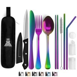 Taplord Portable Travel Silverware Set With Case, Includes 10 Pcs of Travel Utensils With Case, Stainless Steel Flatware Set For Camping, Easy to Travel, Lightweight (Multi-Color)
